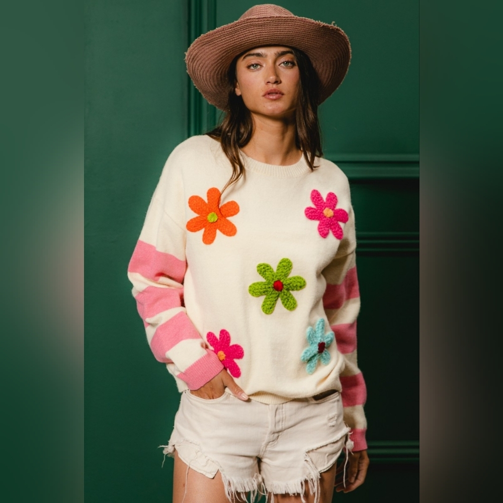 BiBi Colorful Floral Patched Sweater with Striped Sleeve - Picture 12 of 15